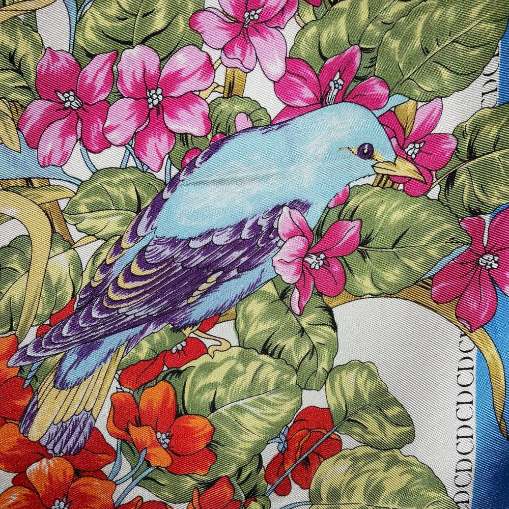 Christian Dior 32” Square 100% Silk Scarf Blue Multicolored Birds & Floral Print - Picture 10 of 16